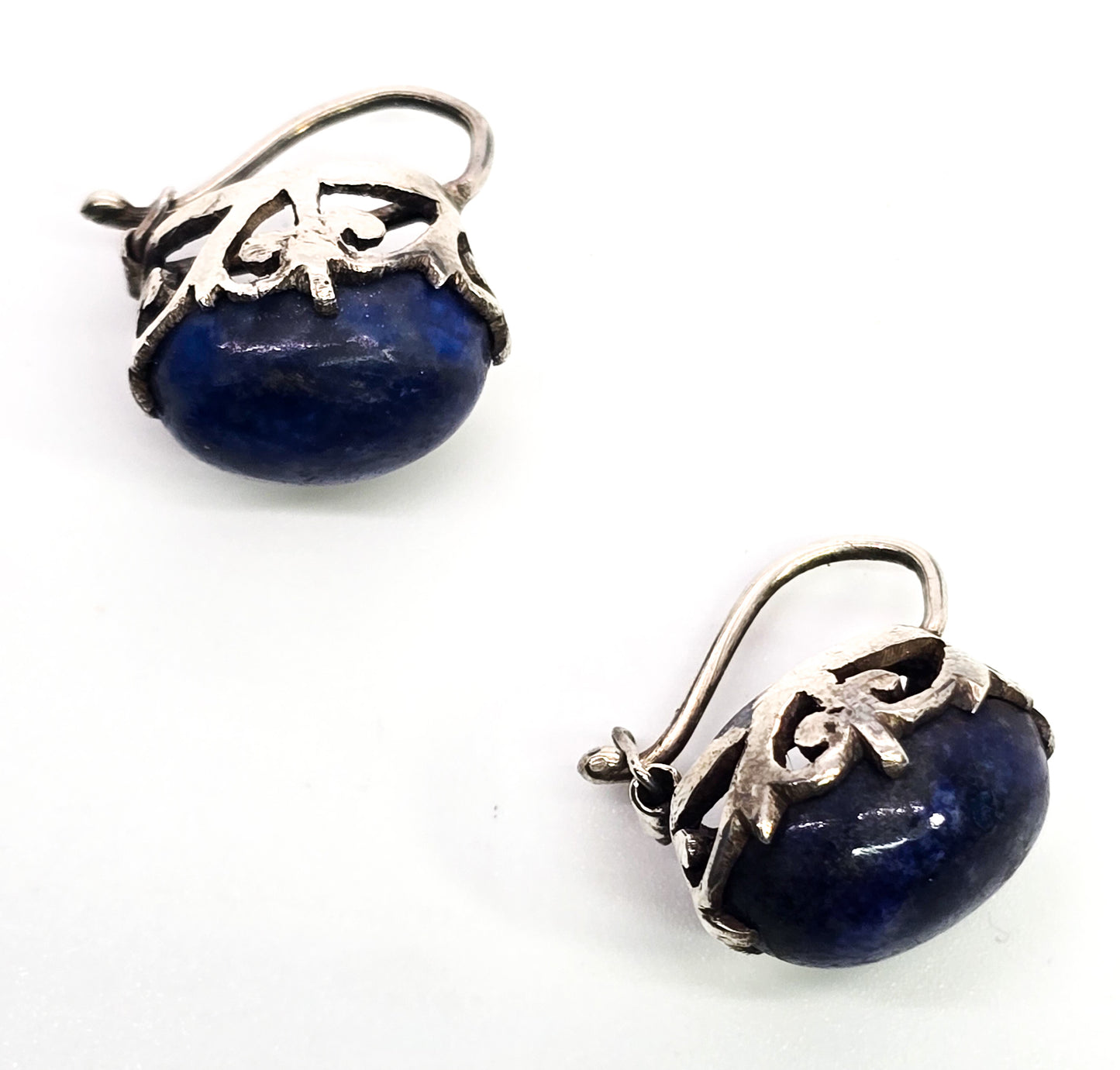 Lapis Lazuli gemstone thick cab open work filigree sterling silver vintage earrings