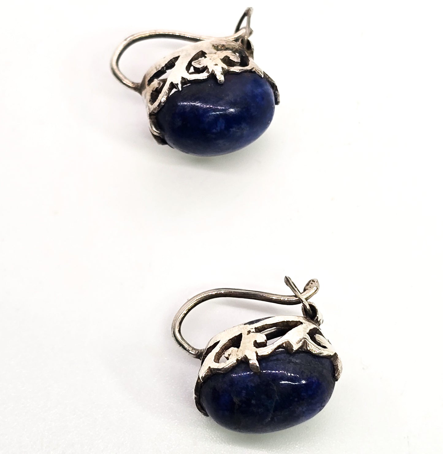 Lapis Lazuli gemstone thick cab open work filigree sterling silver vintage earrings