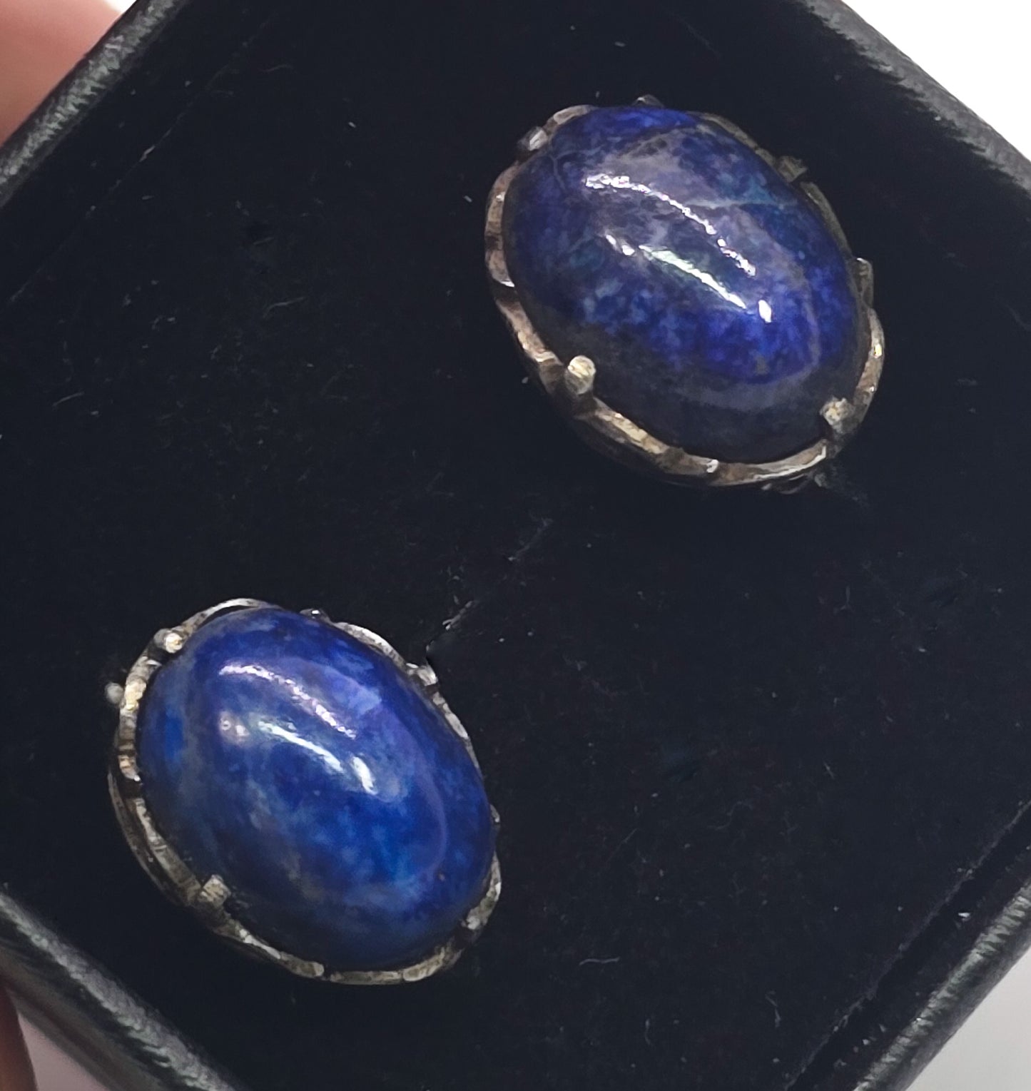 Lapis Lazuli gemstone thick cab open work filigree sterling silver vintage earrings