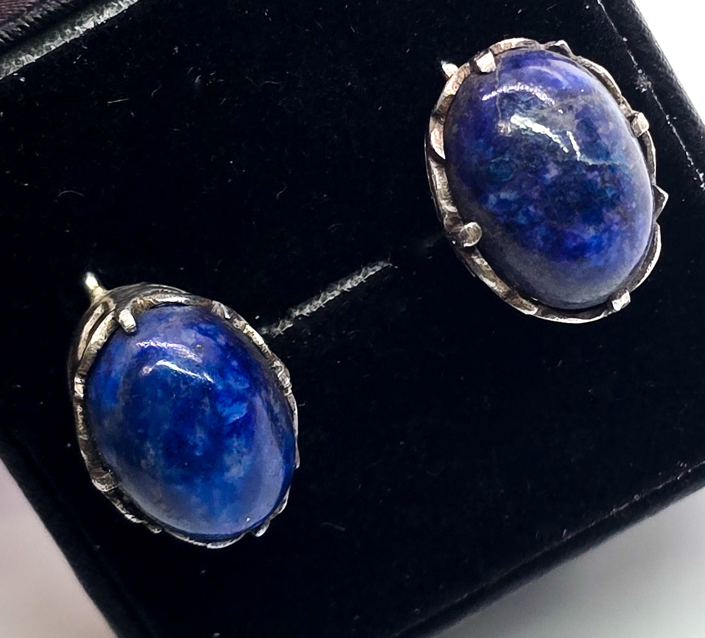 Lapis Lazuli gemstone thick cab open work filigree sterling silver vintage earrings