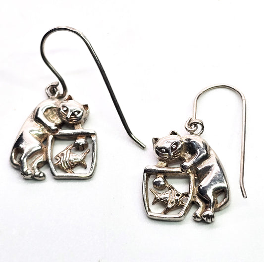 Fishbowl kitty animal figural open work sterling silver vintage earrings