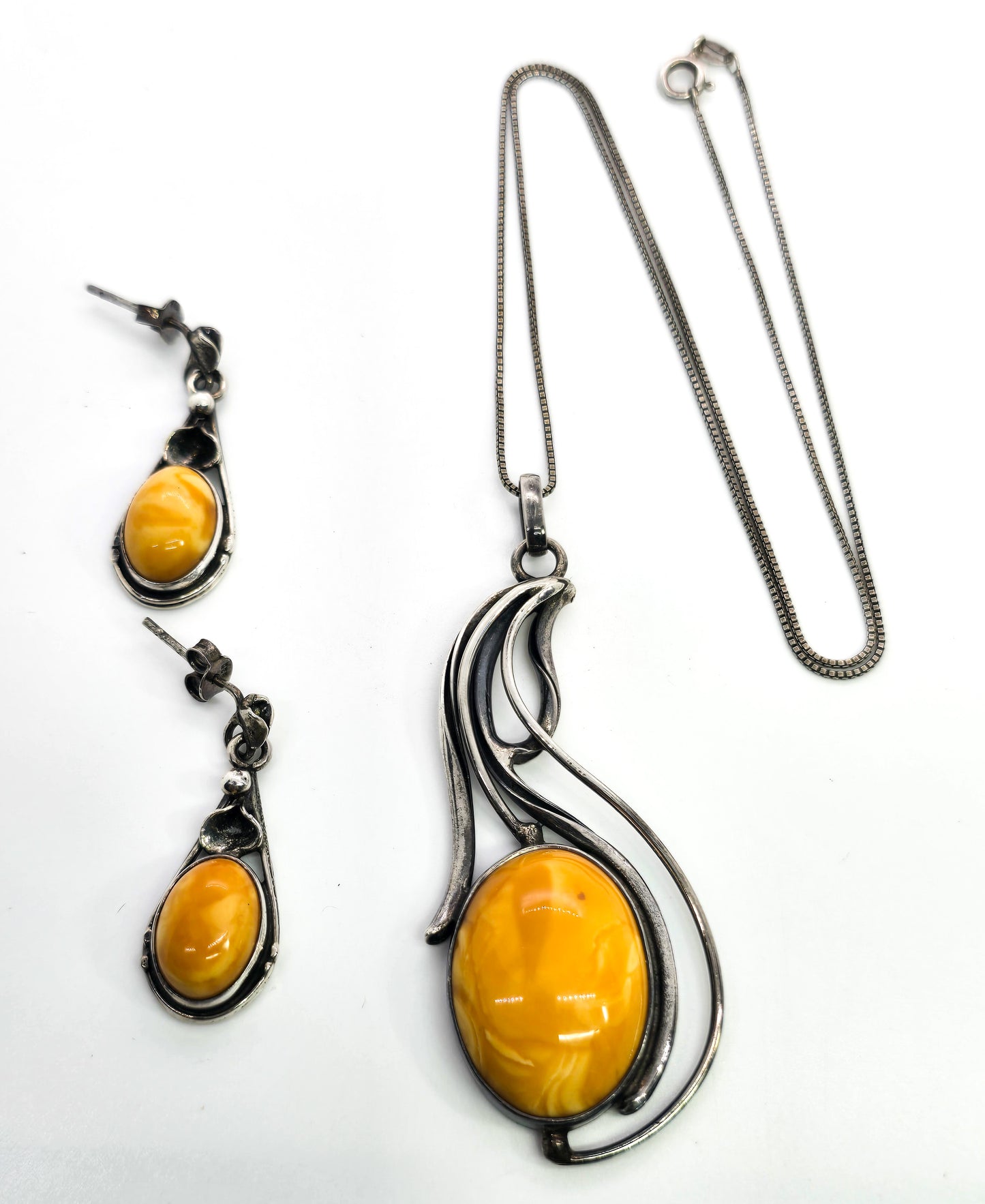 Egg Yolk Amber artisan casted sterling silver modernist vintage set necklace & earrings