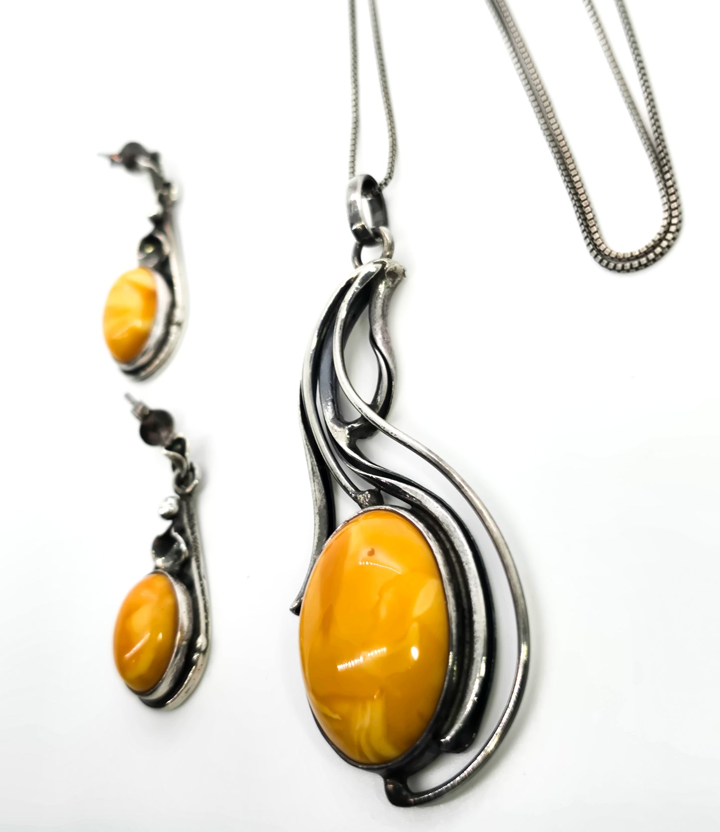 Egg Yolk Amber artisan casted sterling silver modernist vintage set necklace & earrings