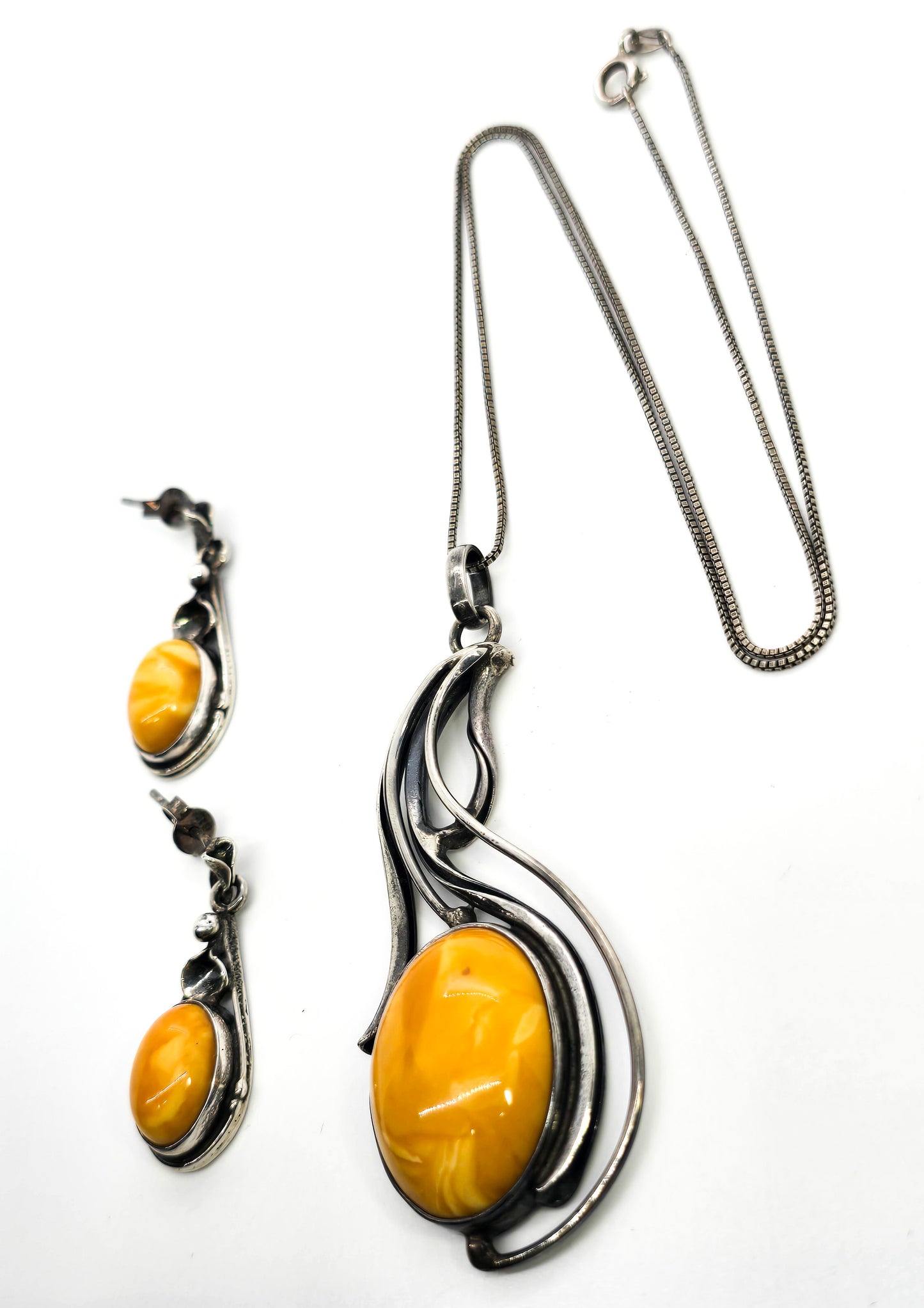 Egg Yolk Amber artisan casted sterling silver modernist vintage set necklace & earrings