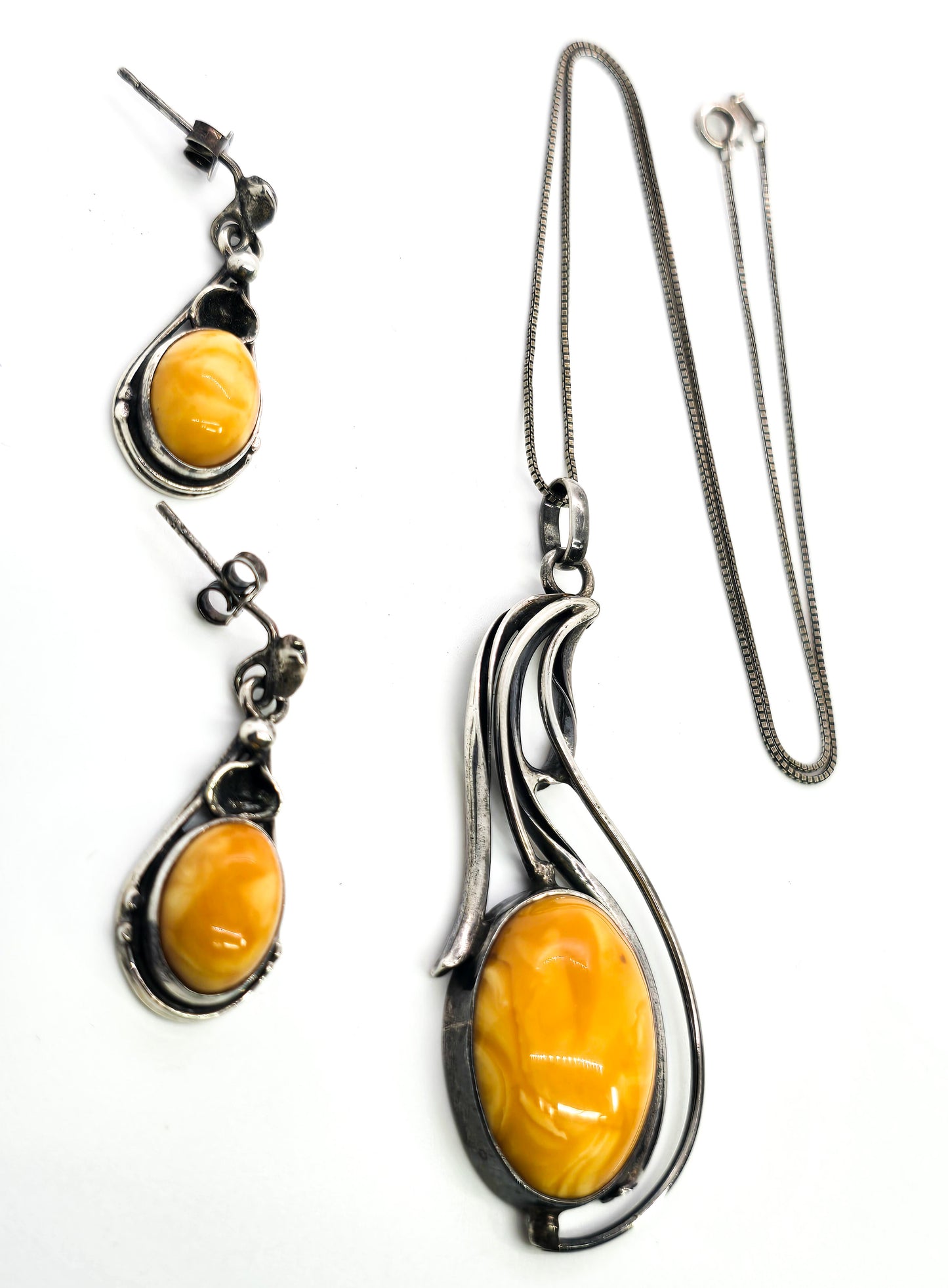 Egg Yolk Amber artisan casted sterling silver modernist vintage set necklace & earrings