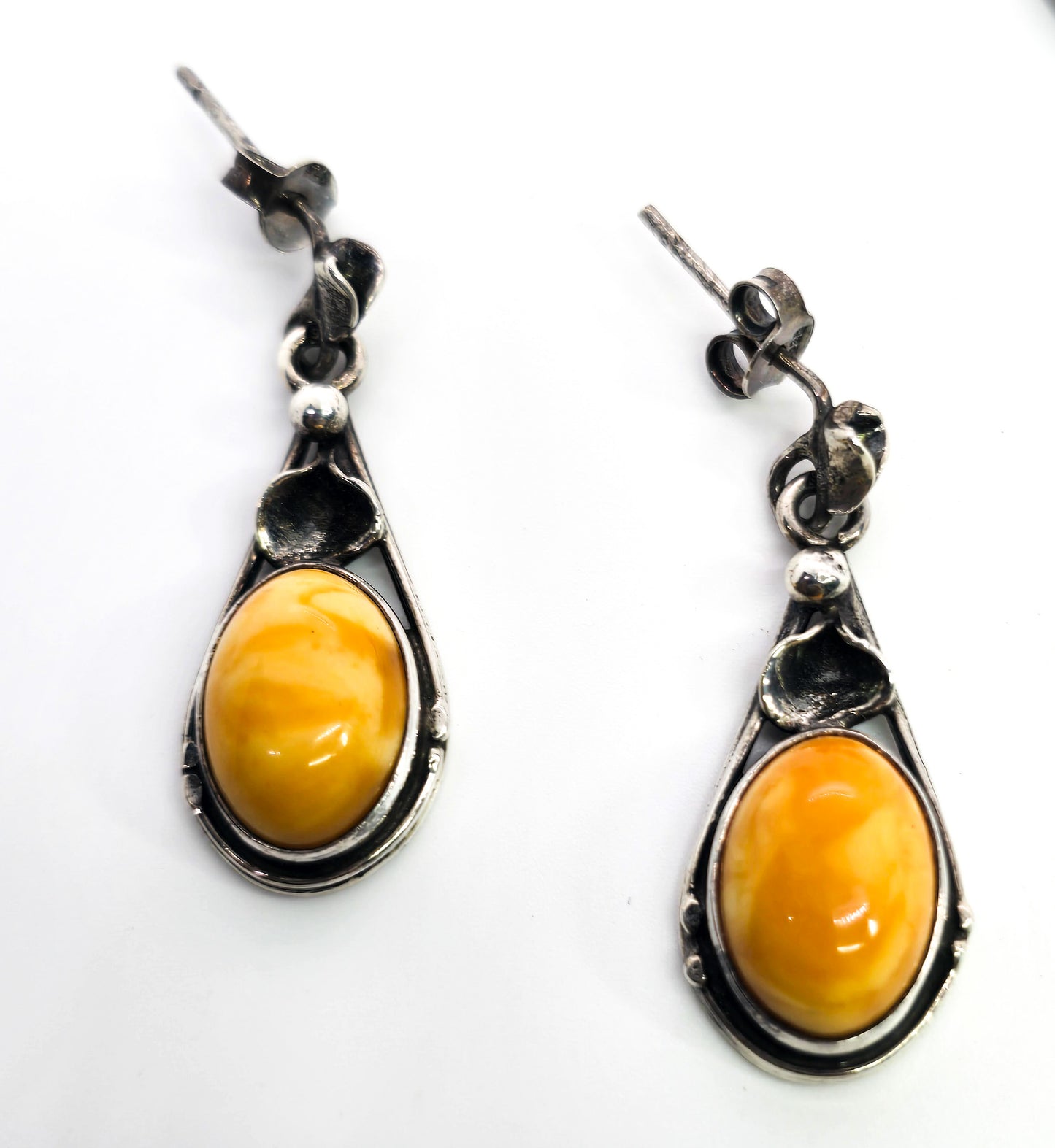 Egg Yolk Amber artisan casted sterling silver modernist vintage set necklace & earrings