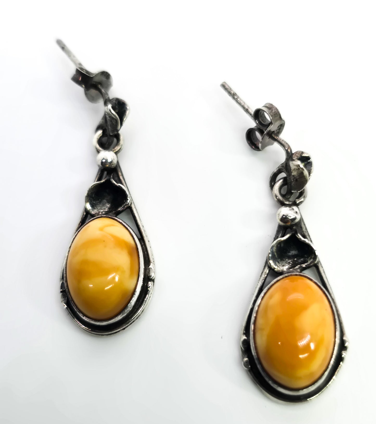 Egg Yolk Amber artisan casted sterling silver modernist vintage set necklace & earrings