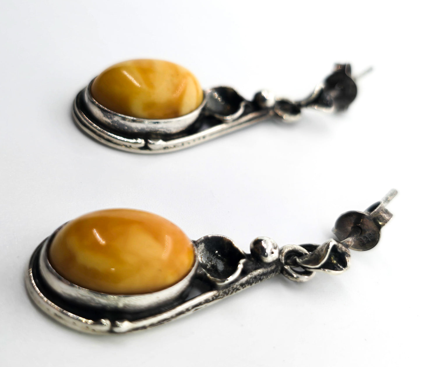 Egg Yolk Amber artisan casted sterling silver modernist vintage set necklace & earrings