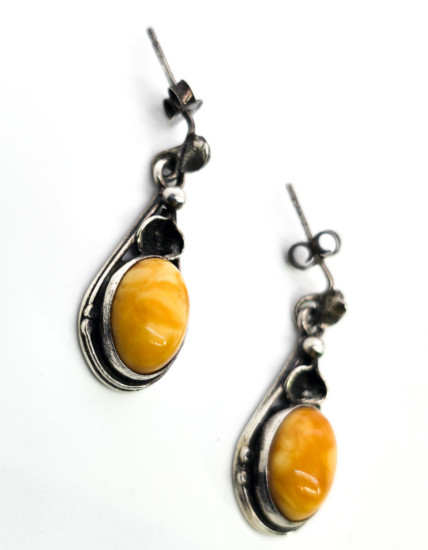 Egg Yolk Amber artisan casted sterling silver modernist vintage set necklace & earrings