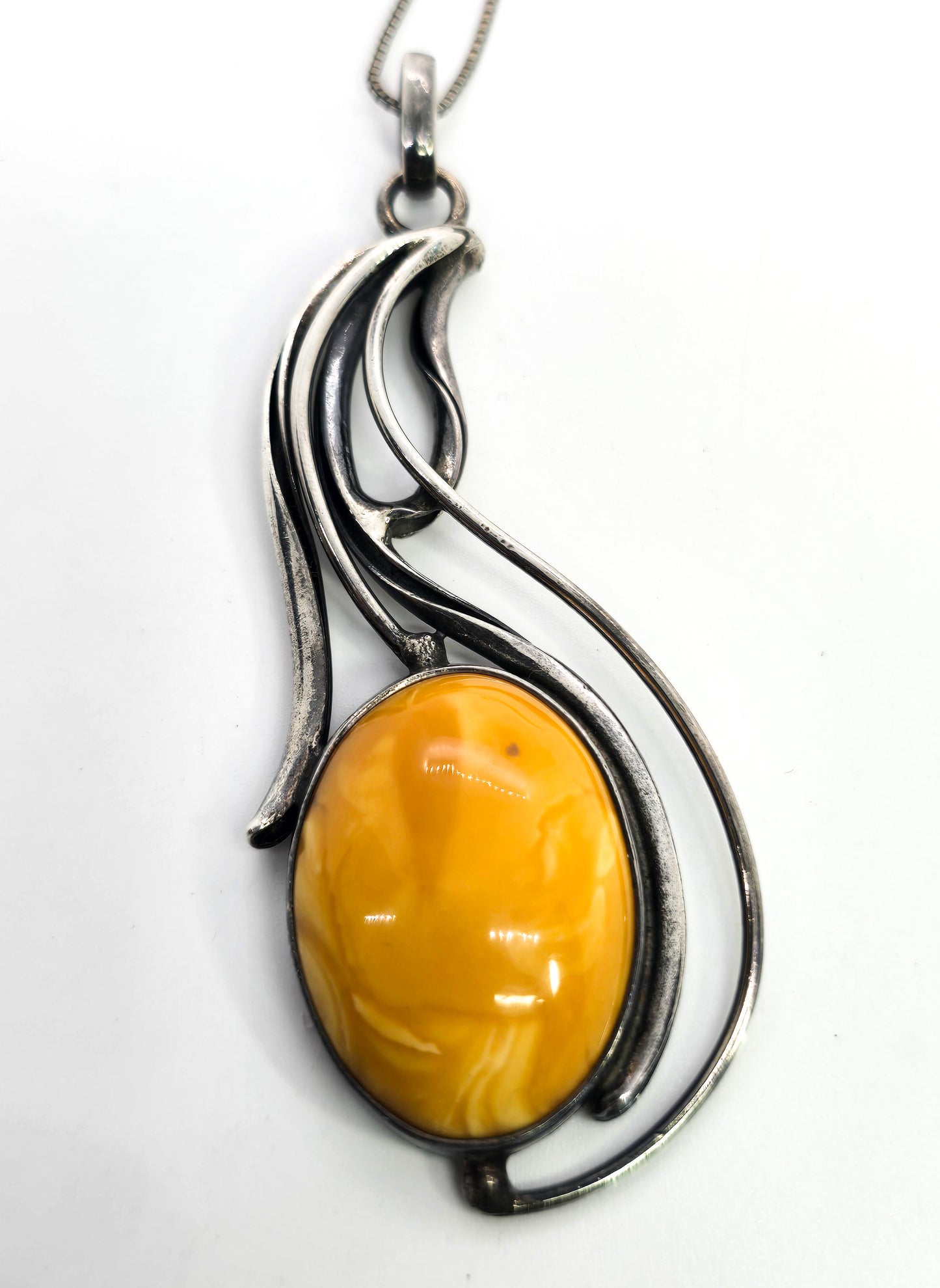 Egg Yolk Amber artisan casted sterling silver modernist vintage set necklace & earrings