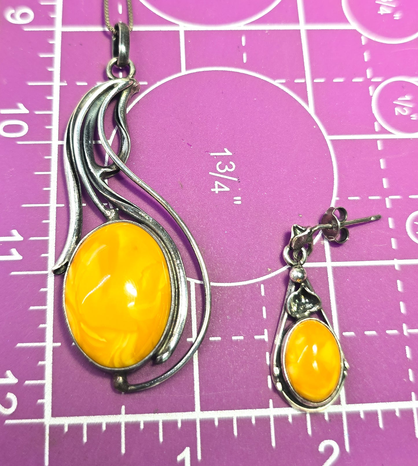 Egg Yolk Amber artisan casted sterling silver modernist vintage set necklace & earrings