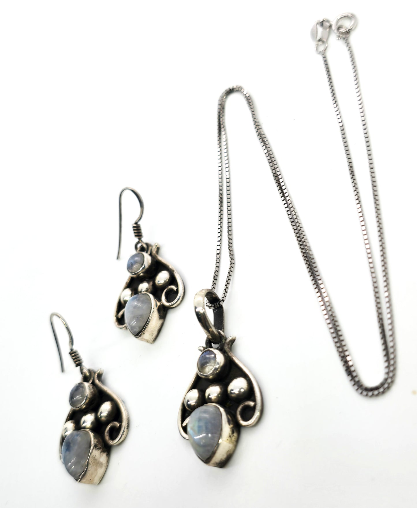 Rainbow moonstone Tribal Balinese style sterling silver necklace and earrings set