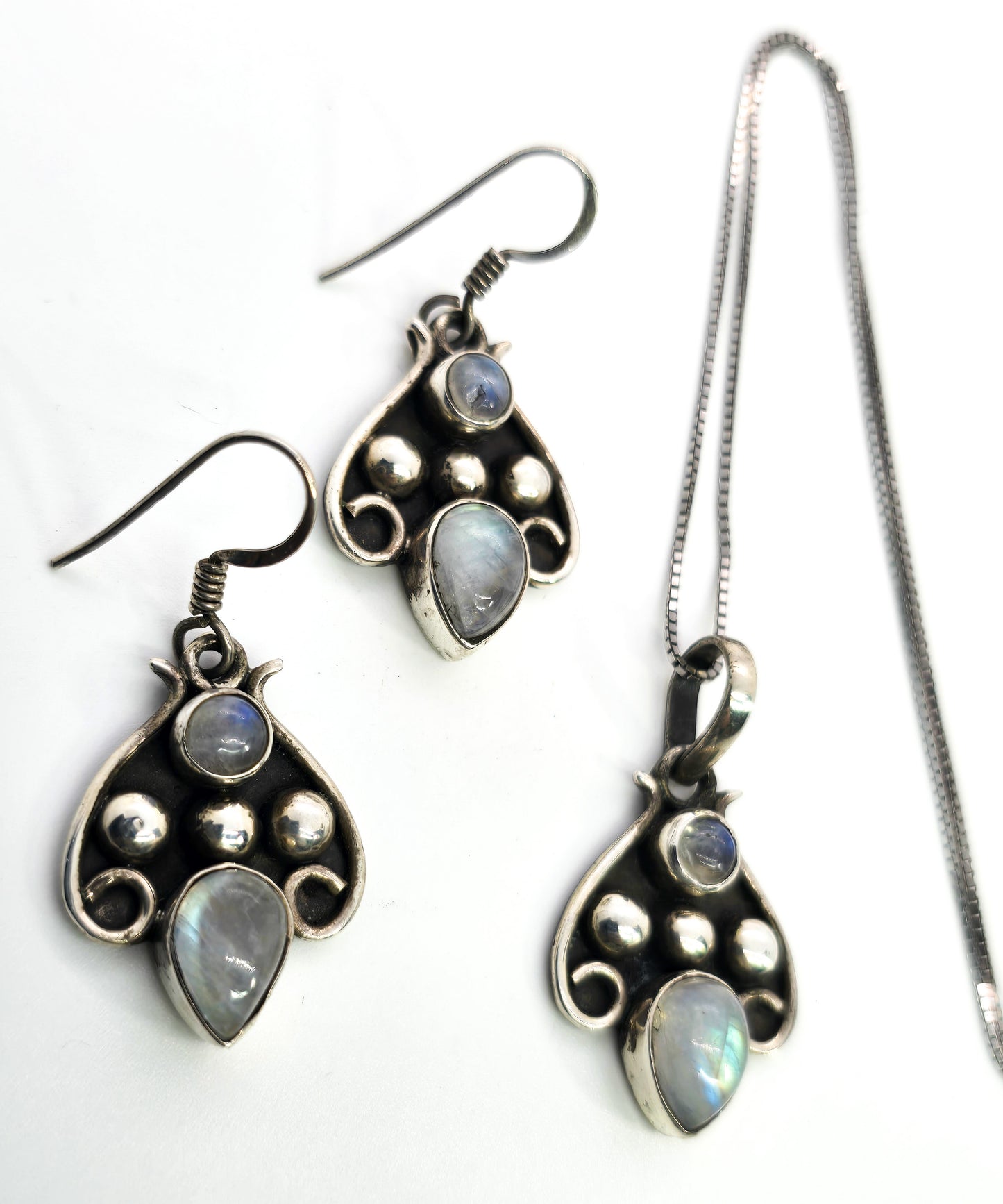 Rainbow moonstone Tribal Balinese style sterling silver necklace and earrings set