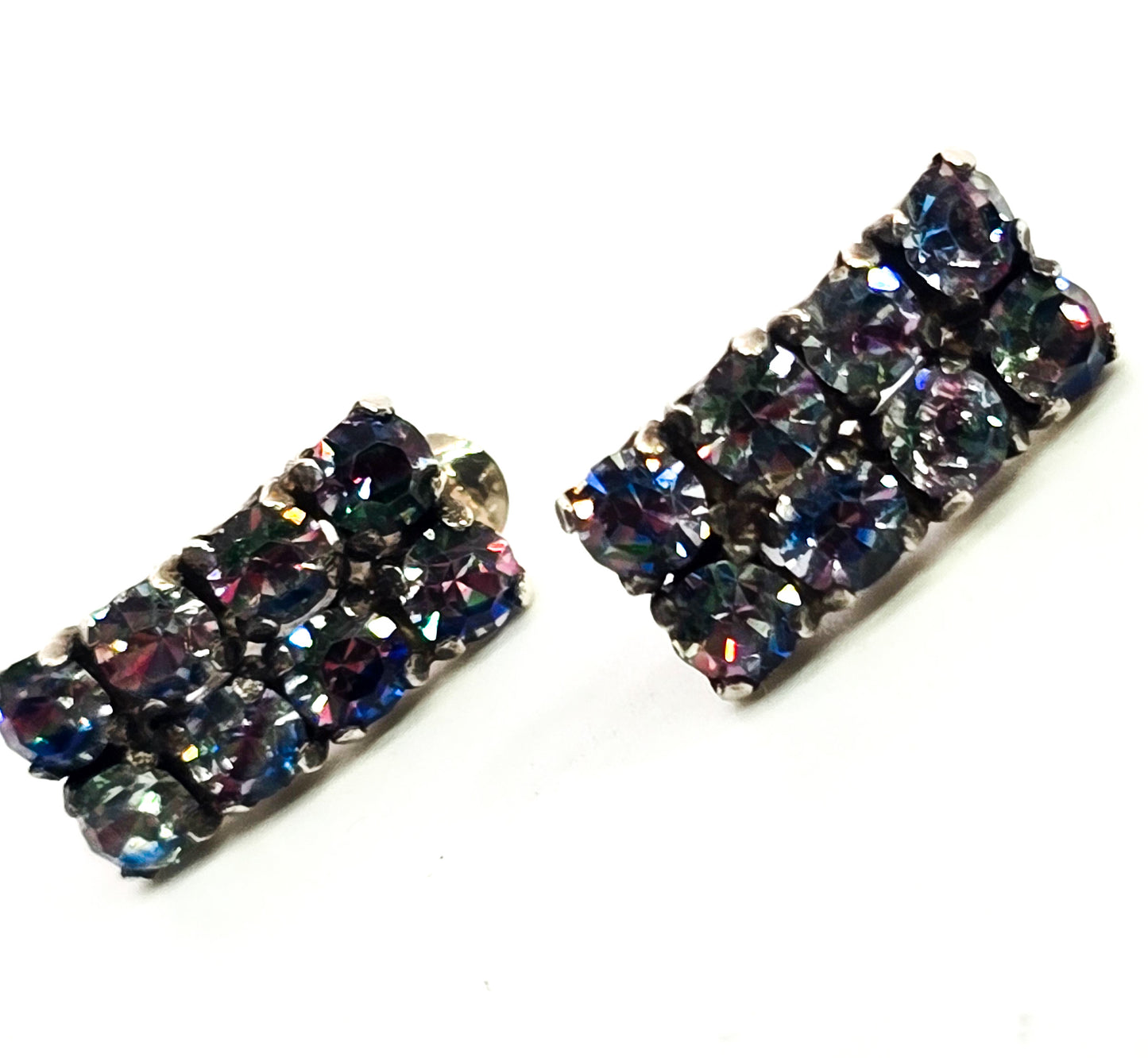 Art Deco Iris Rhinestone  rainbow German sterling silver vintage clip on earrings 835