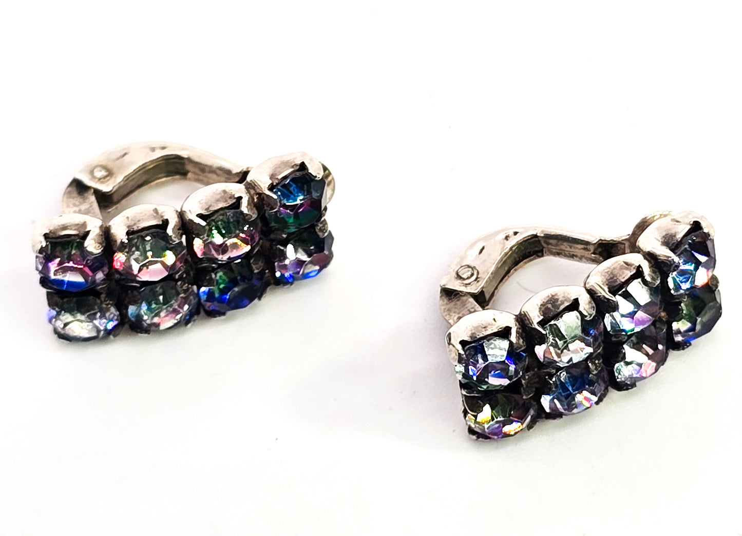 Art Deco Iris Rhinestone  rainbow German sterling silver vintage clip on earrings 835