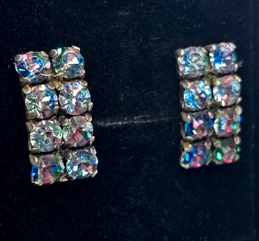 Art Deco Iris Rhinestone  rainbow German sterling silver vintage clip on earrings 835