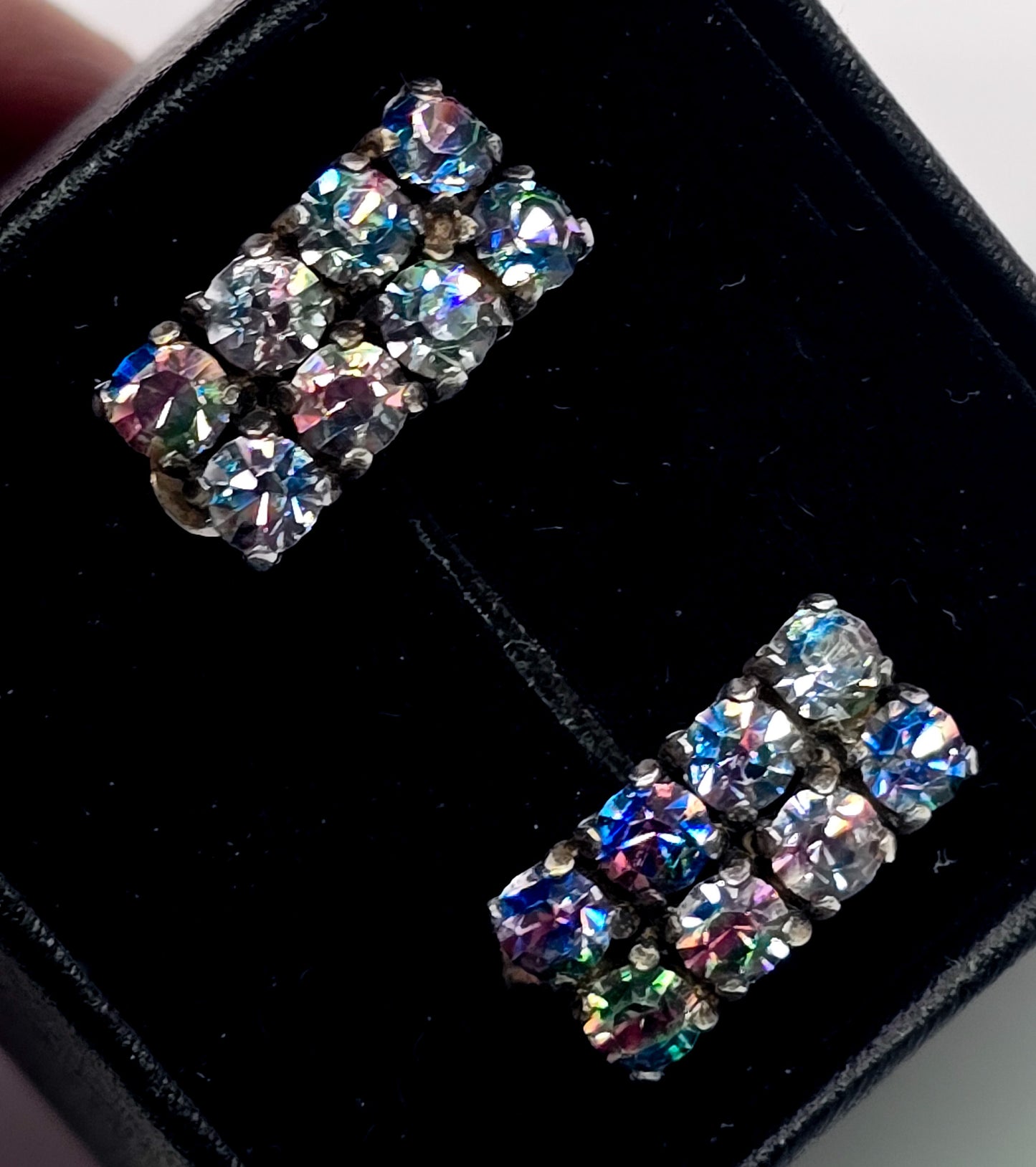 Art Deco Iris Rhinestone  rainbow German sterling silver vintage clip on earrings 835