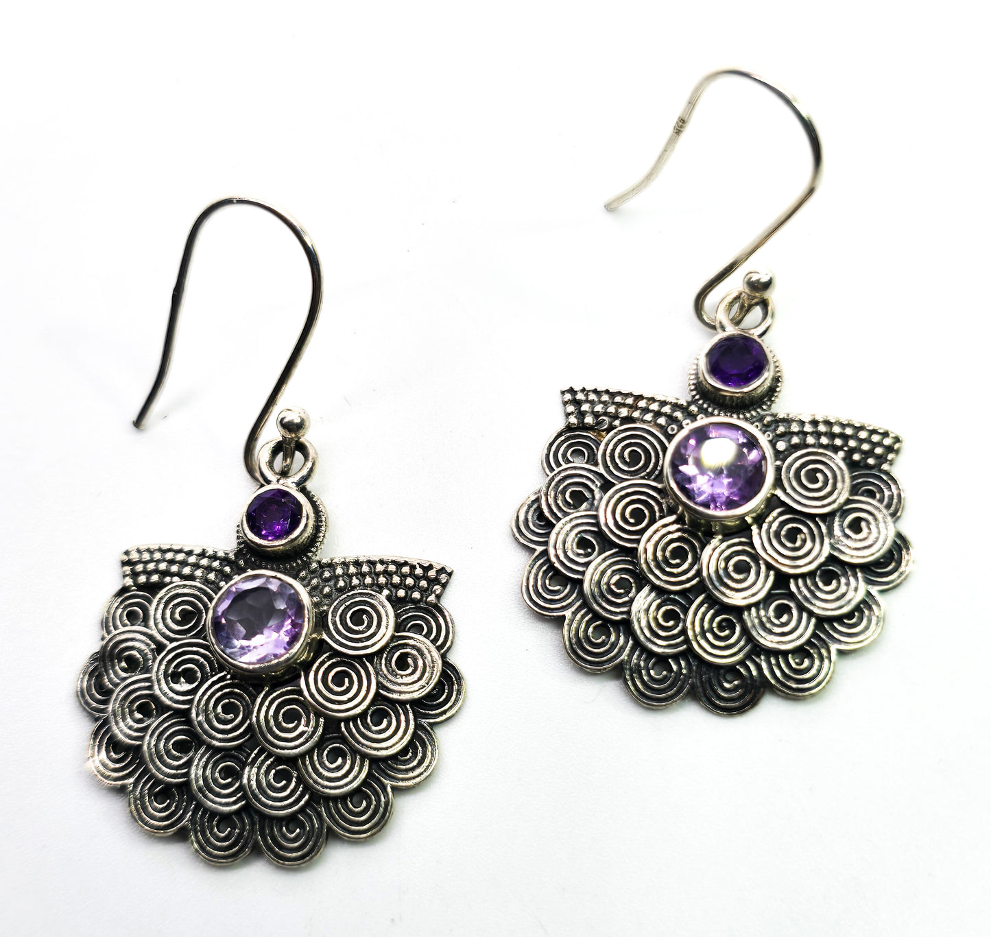 Amethyst faceted purple gemstone sterling silver tribal drop earrings