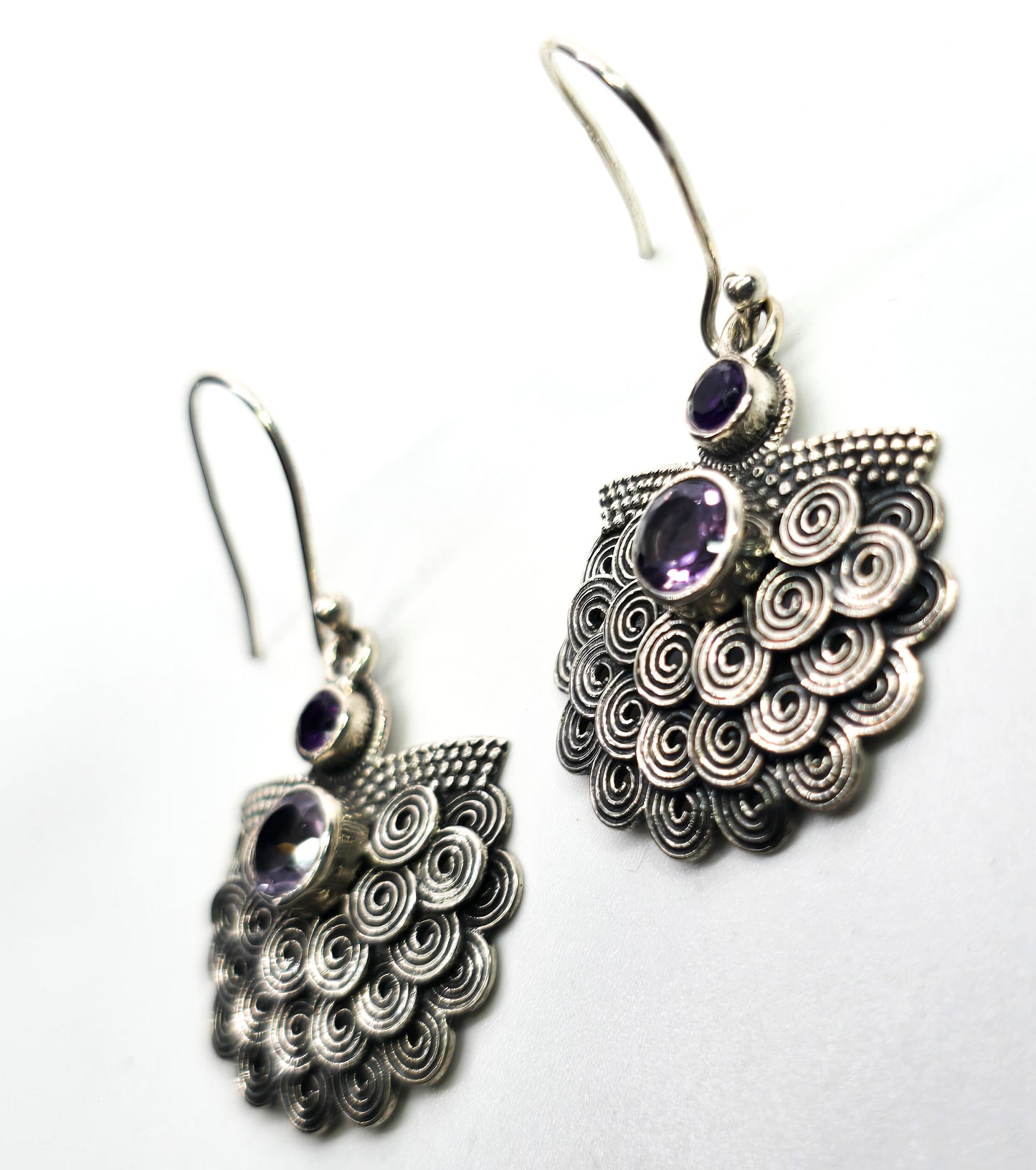 Amethyst faceted purple gemstone sterling silver tribal drop earrings