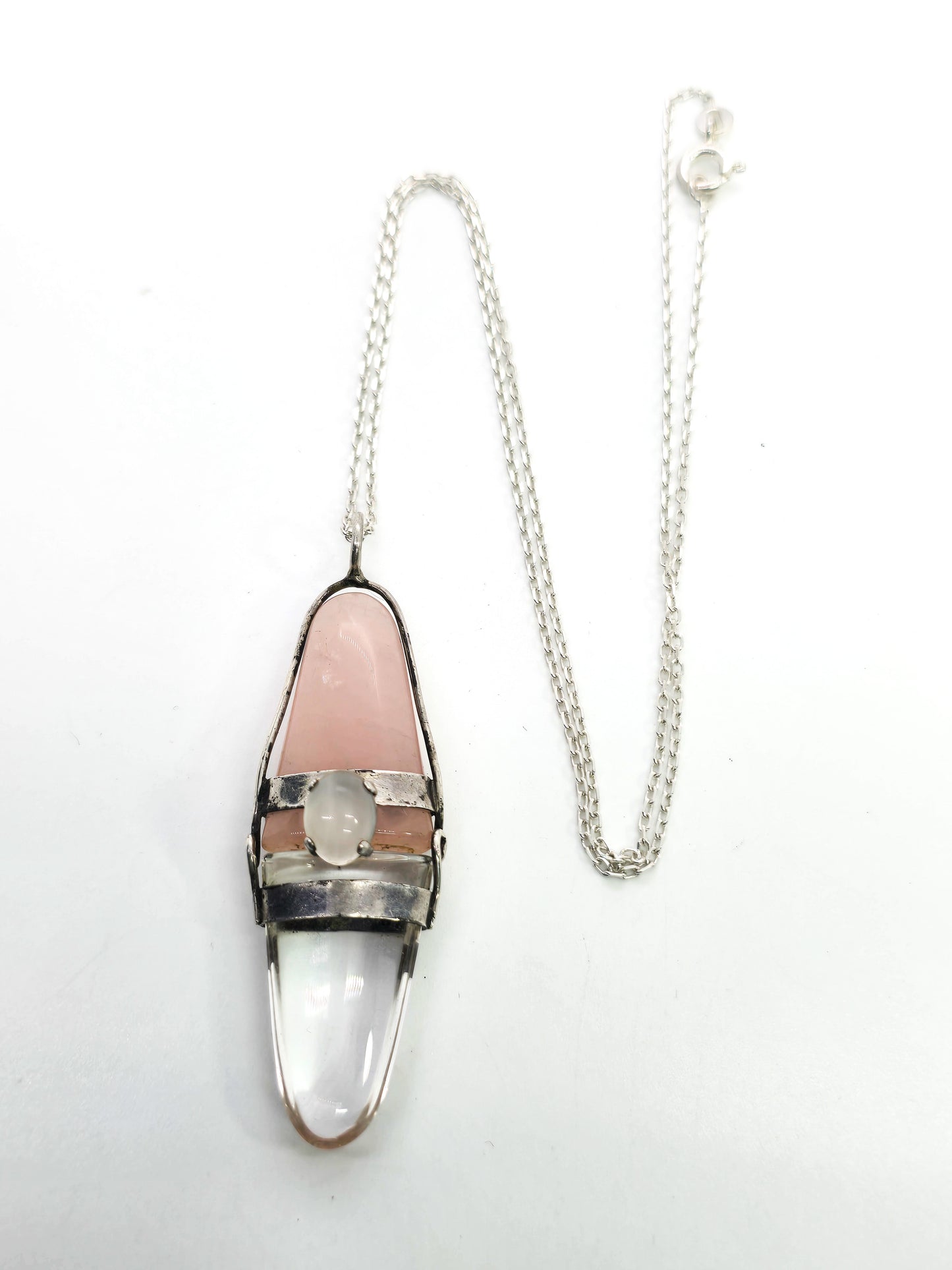 Rose Quartz and Clear quartz tongue double sided gemstone sterling silver necklace