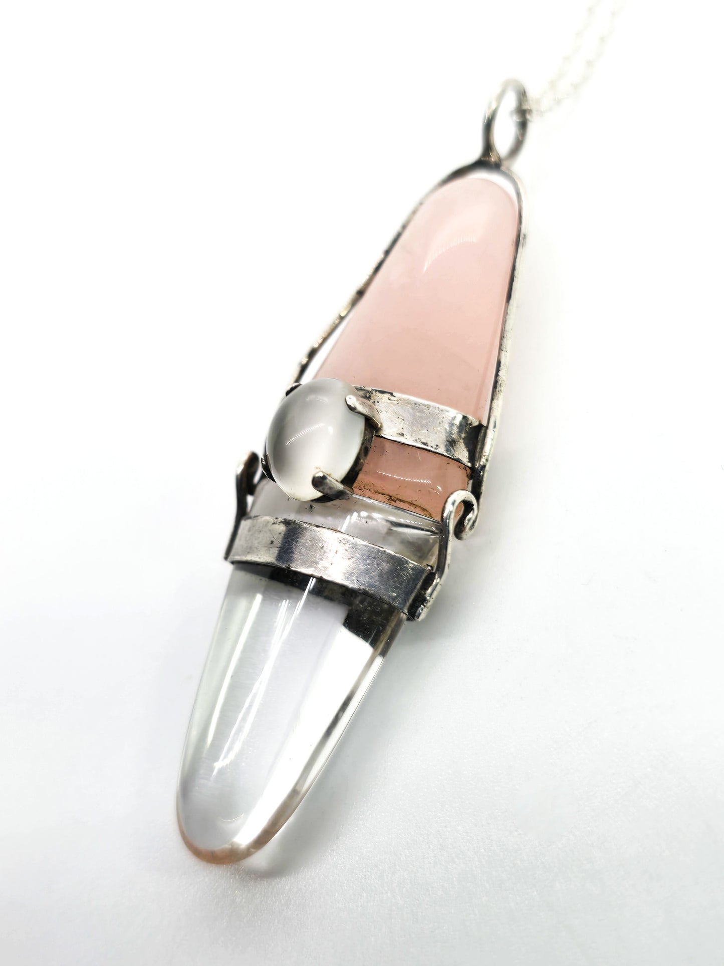 Rose Quartz and Clear quartz tongue double sided gemstone sterling silver necklace