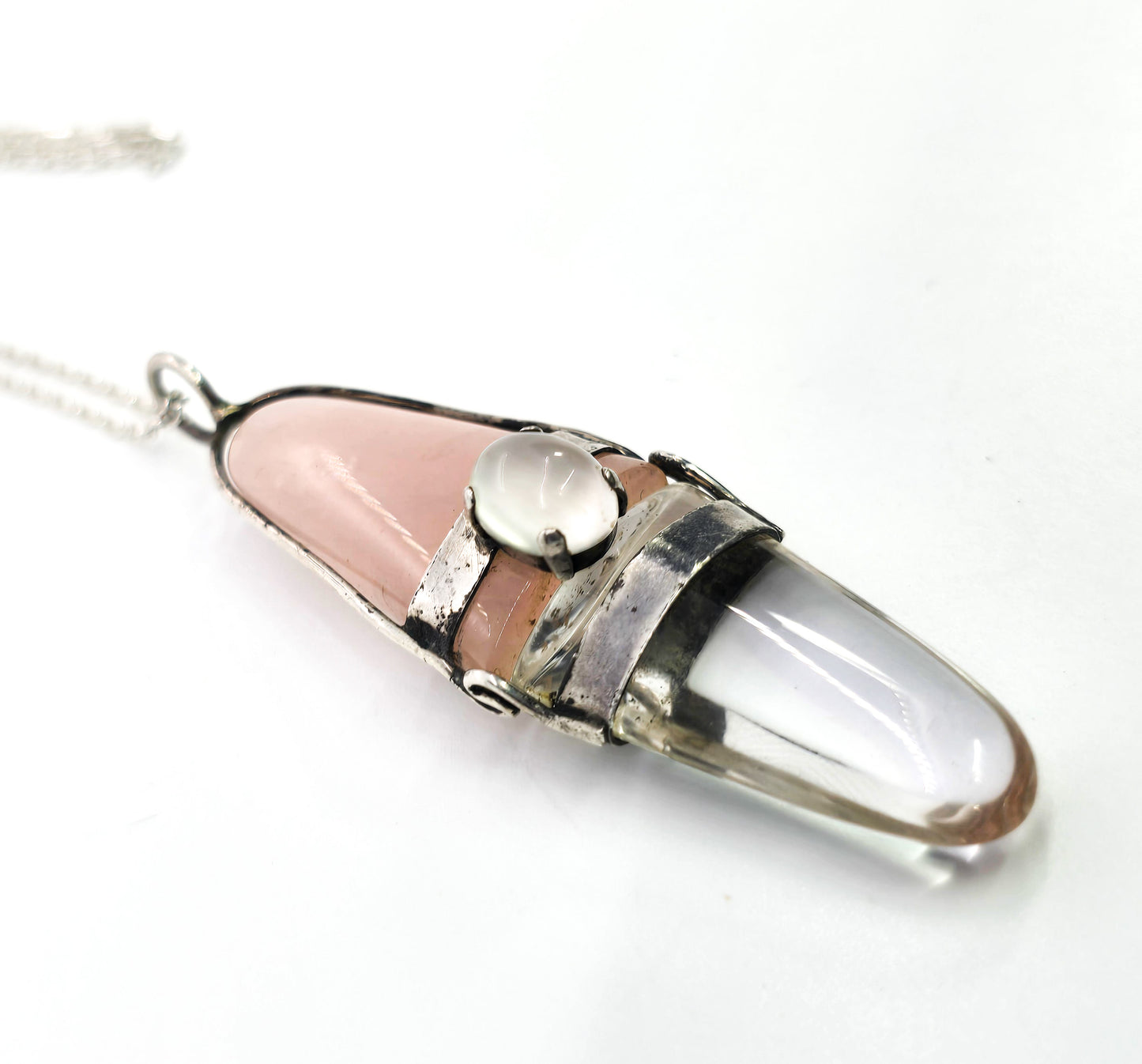 Rose Quartz and Clear quartz tongue double sided gemstone sterling silver necklace