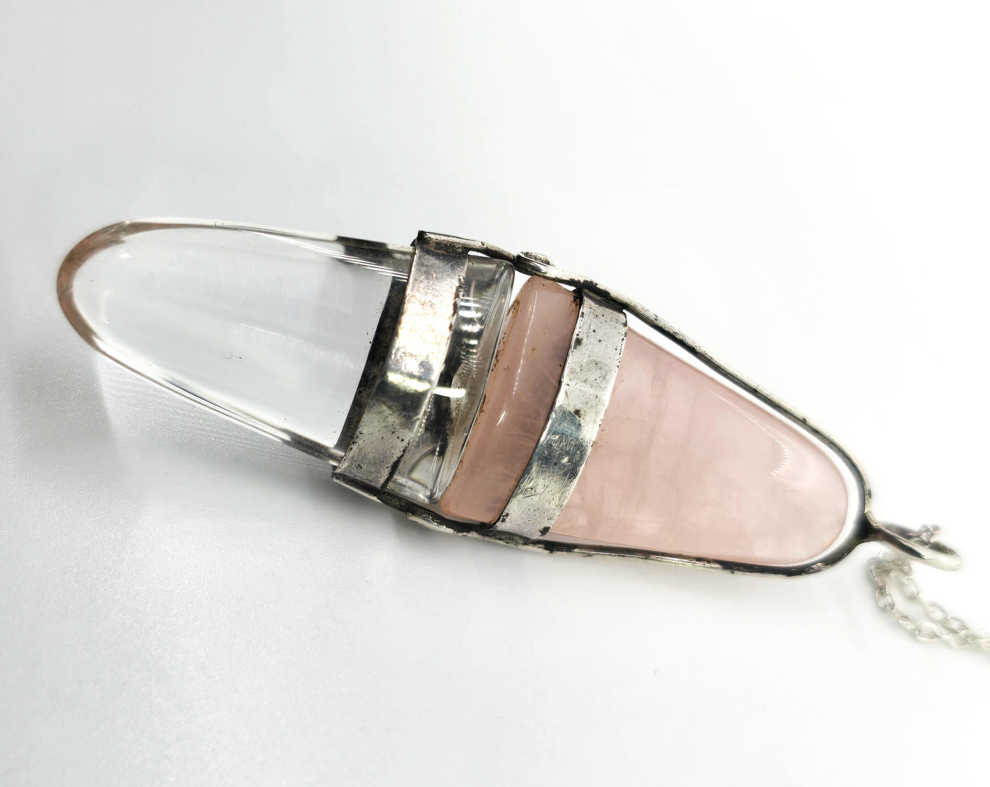 Rose Quartz and Clear quartz tongue double sided gemstone sterling silver necklace