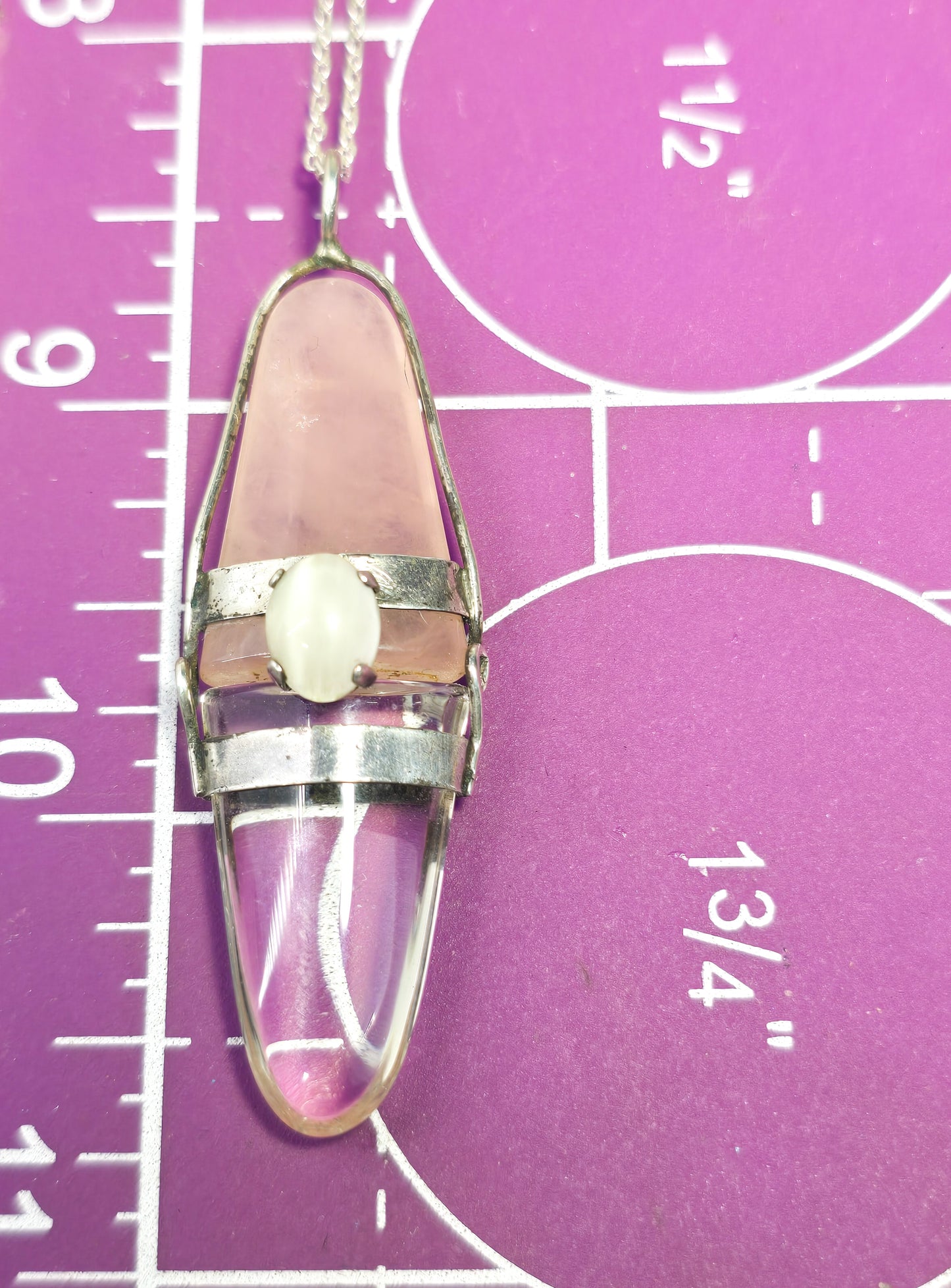 Rose Quartz and Clear quartz tongue double sided gemstone sterling silver necklace