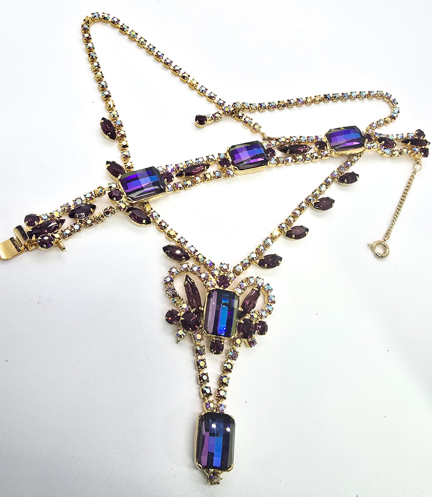 Juliana D&E purple heliotrope vintage rhinestone necklace and bracelet book piece set