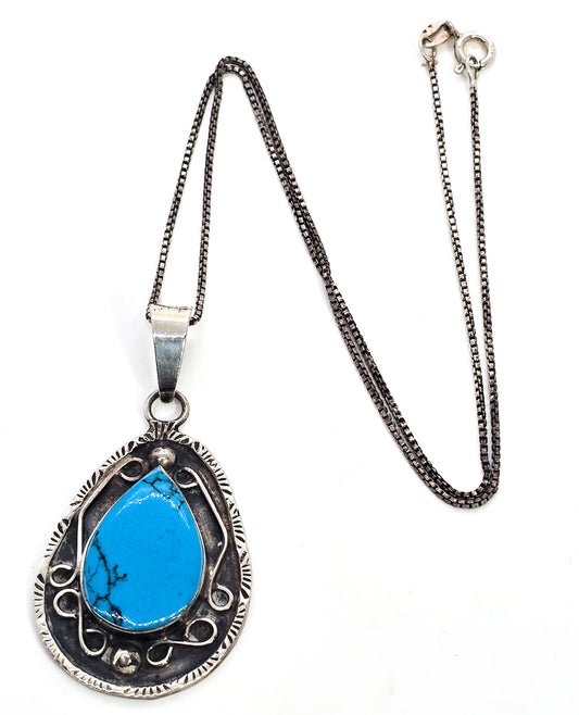 Turquoise large sterling silver Southwestern artisan crafted stamped pendant necklace