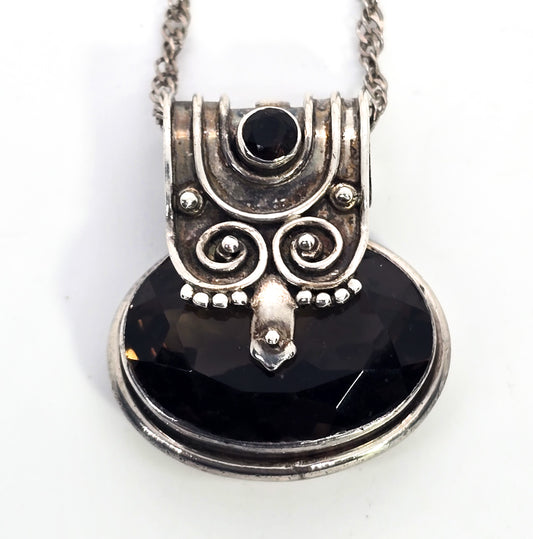 Smoky Quartz Large tribal swirl Balinese sterling silver vintage pendant necklace