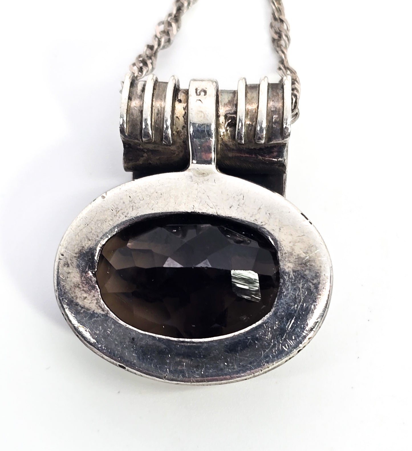 Smoky Quartz Large tribal swirl Balinese sterling silver vintage pendant necklace