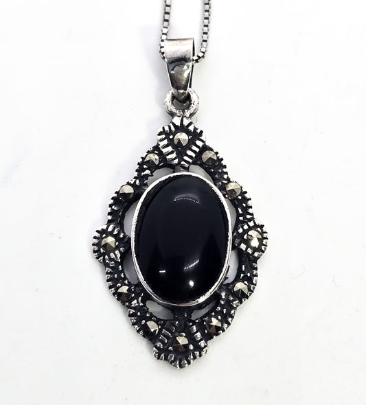 Black Onyx and marcasite vintage open work sterling silver pendant necklace