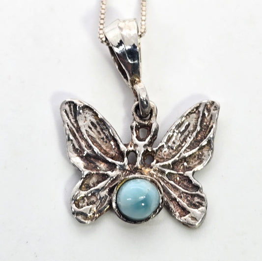 Larimar butterfly blue Dominican Republic gemstone sterling silver pendant necklace