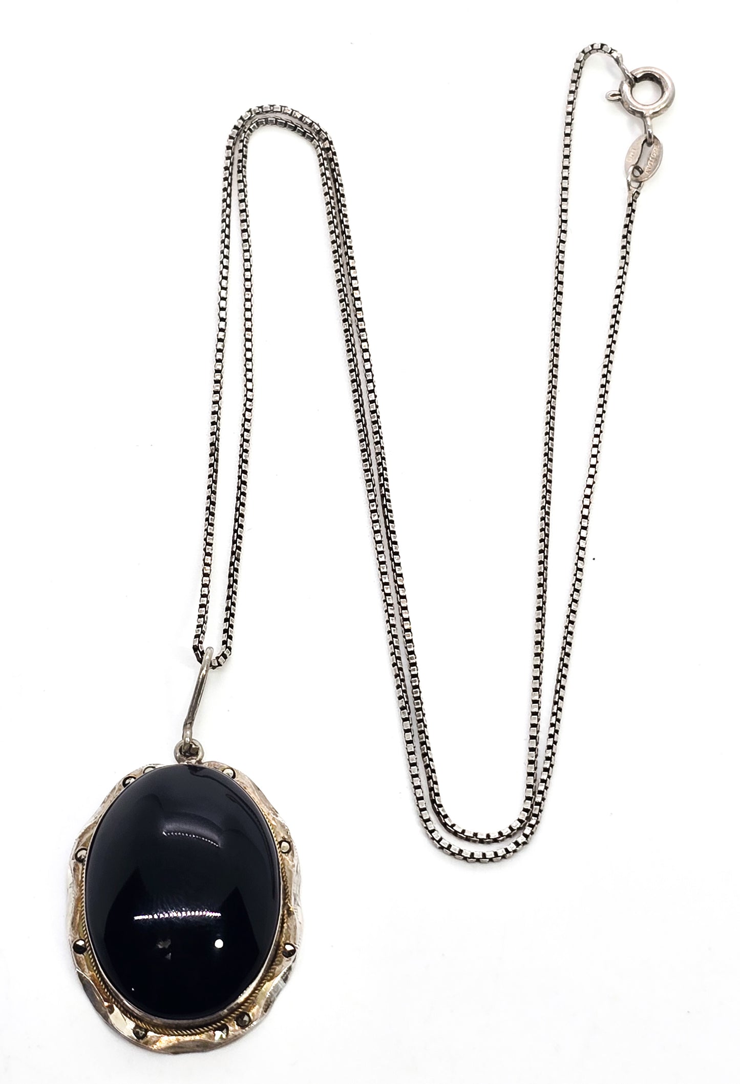 Art Deco Black onyx and marcasite antique large sterling silver 800pendant necklace