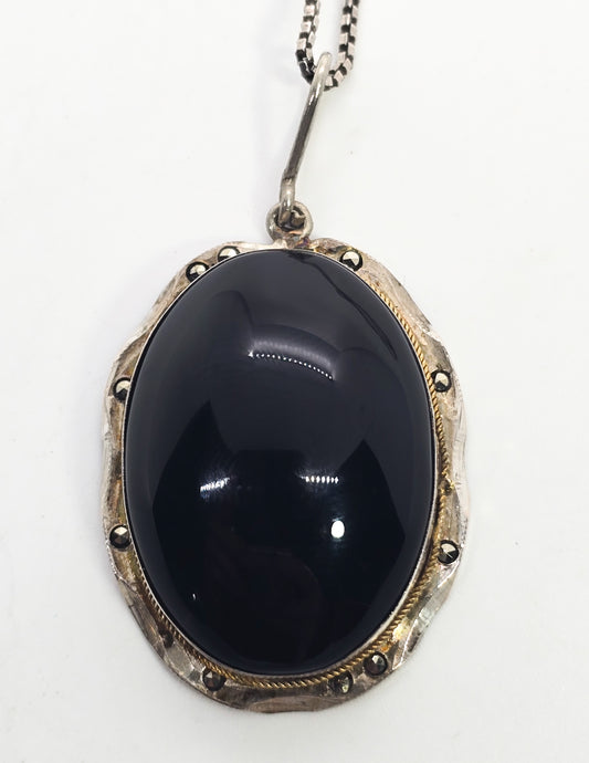 Art Deco Black onyx and marcasite antique large sterling silver 800pendant necklace