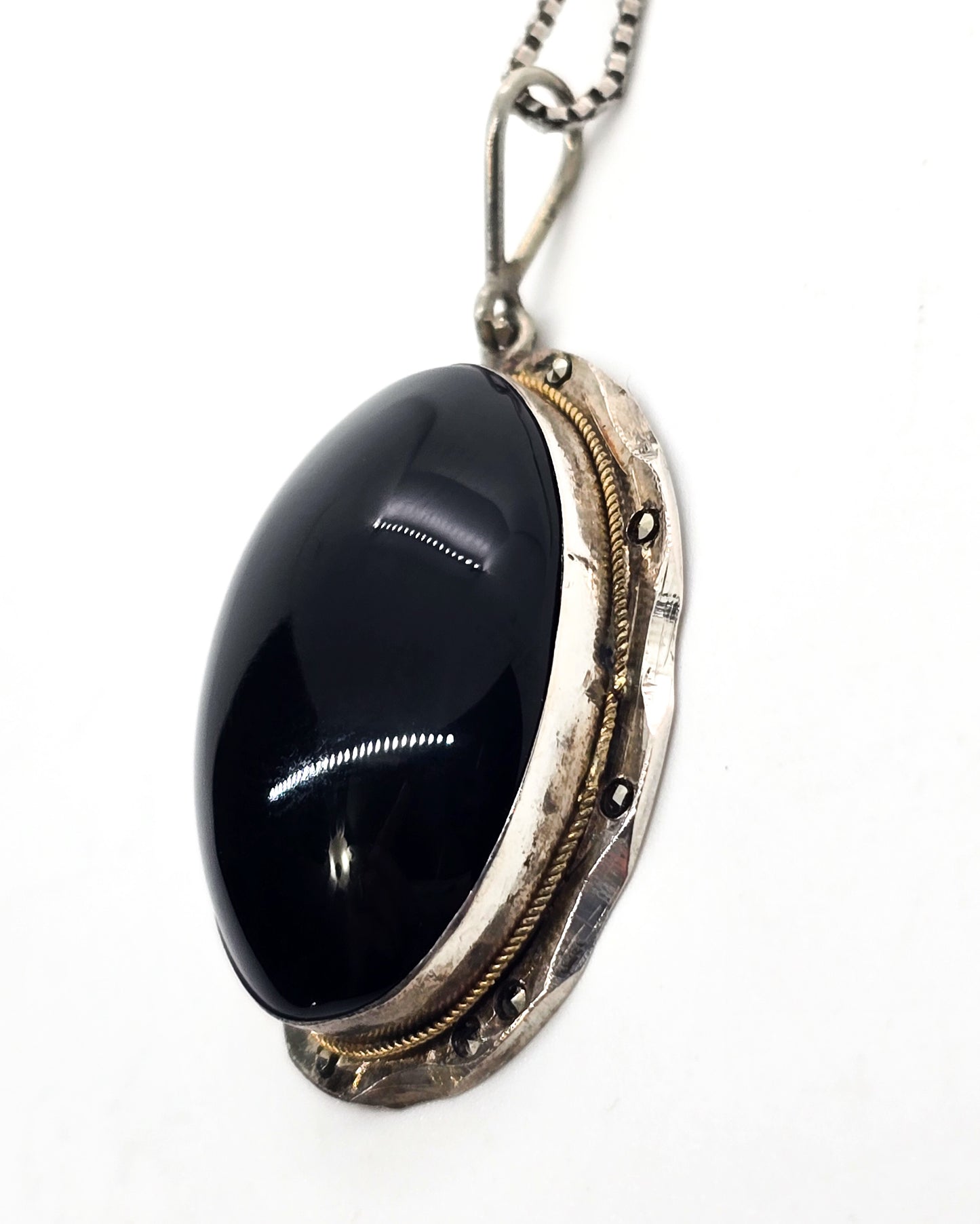 Art Deco Black onyx and marcasite antique large sterling silver 800pendant necklace