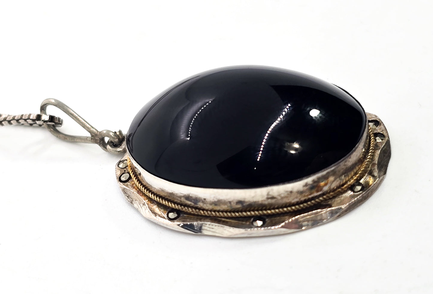 Art Deco Black onyx and marcasite antique large sterling silver 800pendant necklace