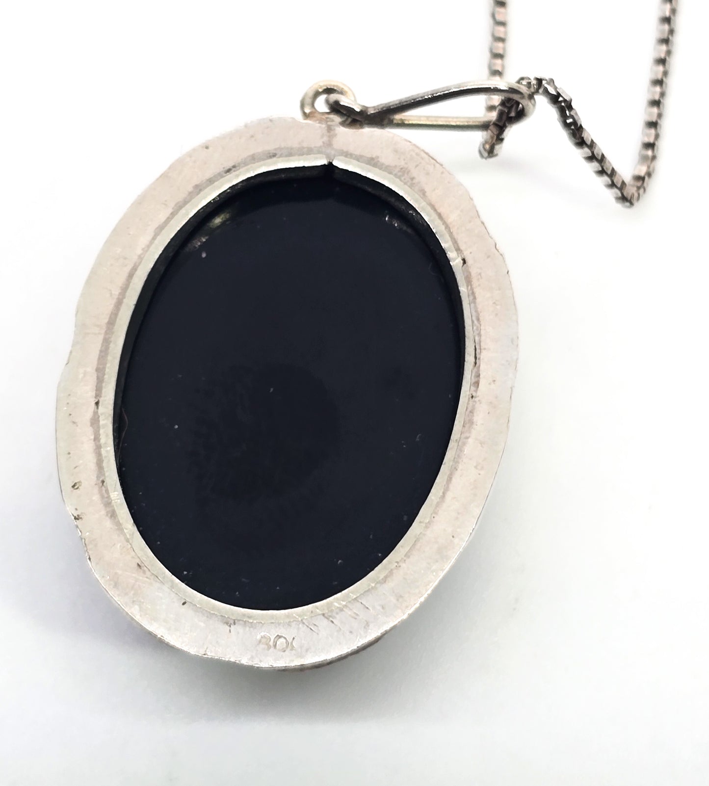 Art Deco Black onyx and marcasite antique large sterling silver 800pendant necklace