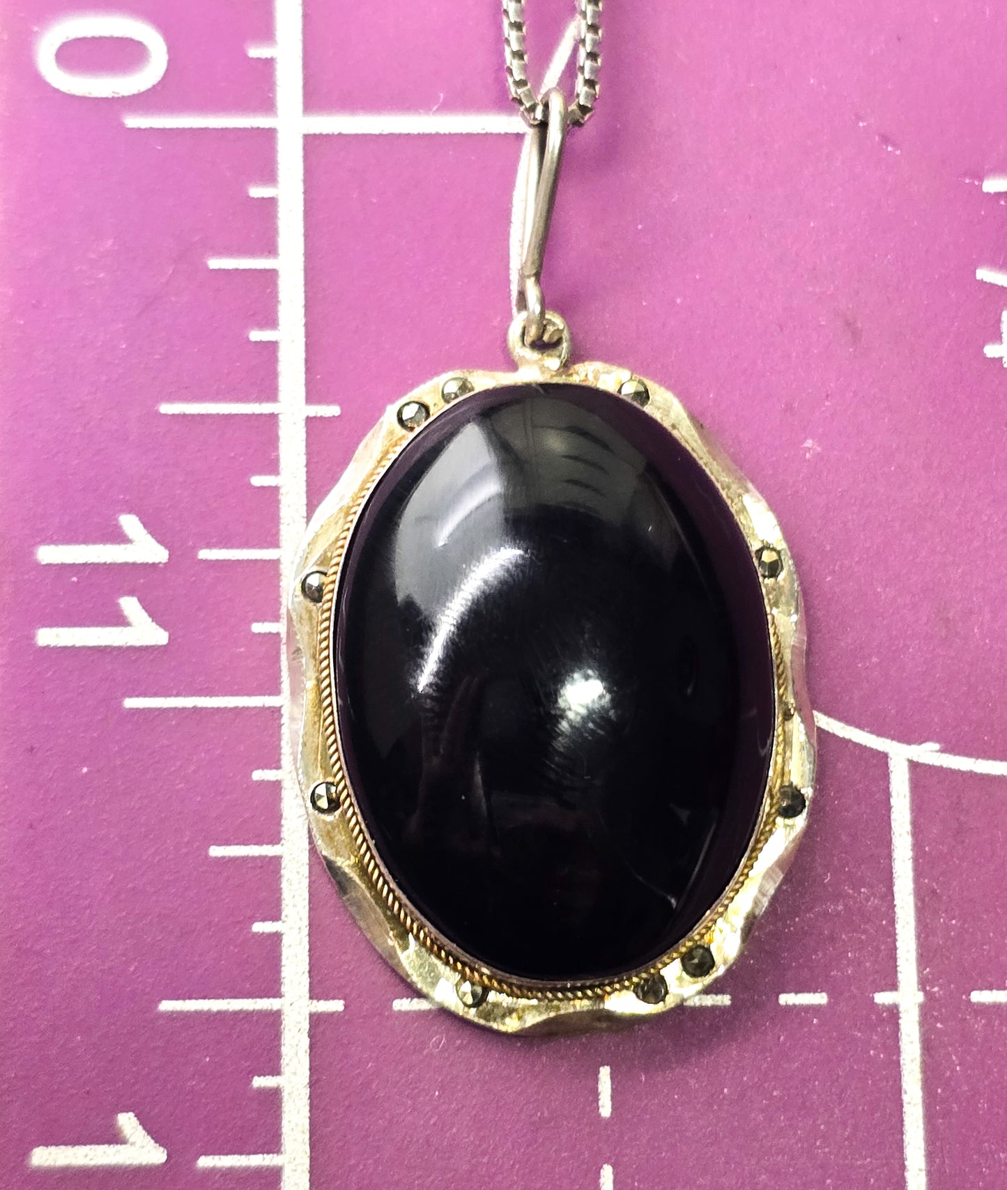 Art Deco Black onyx and marcasite antique large sterling silver 800pendant necklace