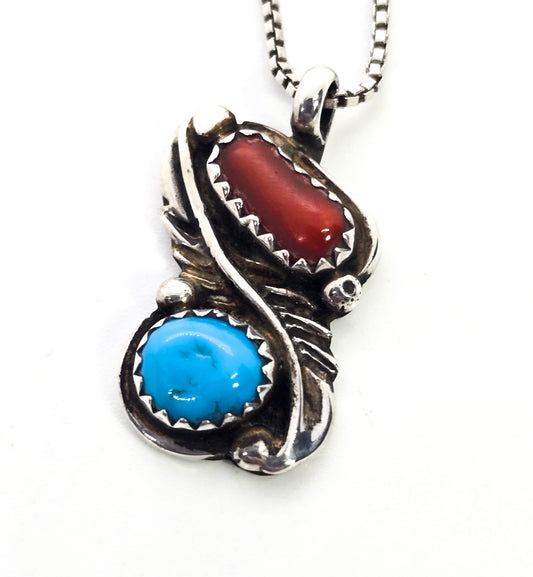 Ella Cowboy Navajo Native American turquoise red coral sterling silver small pendant necklace