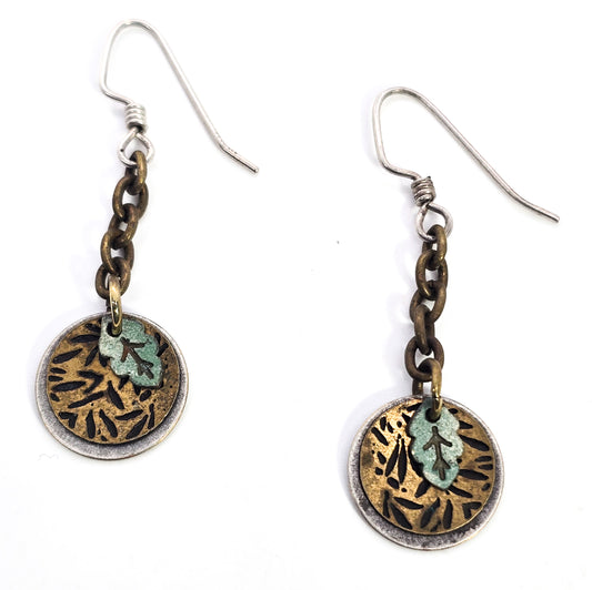 Back to nature mixed metal sterling silver brass oxidized leaf drop artisan earrings