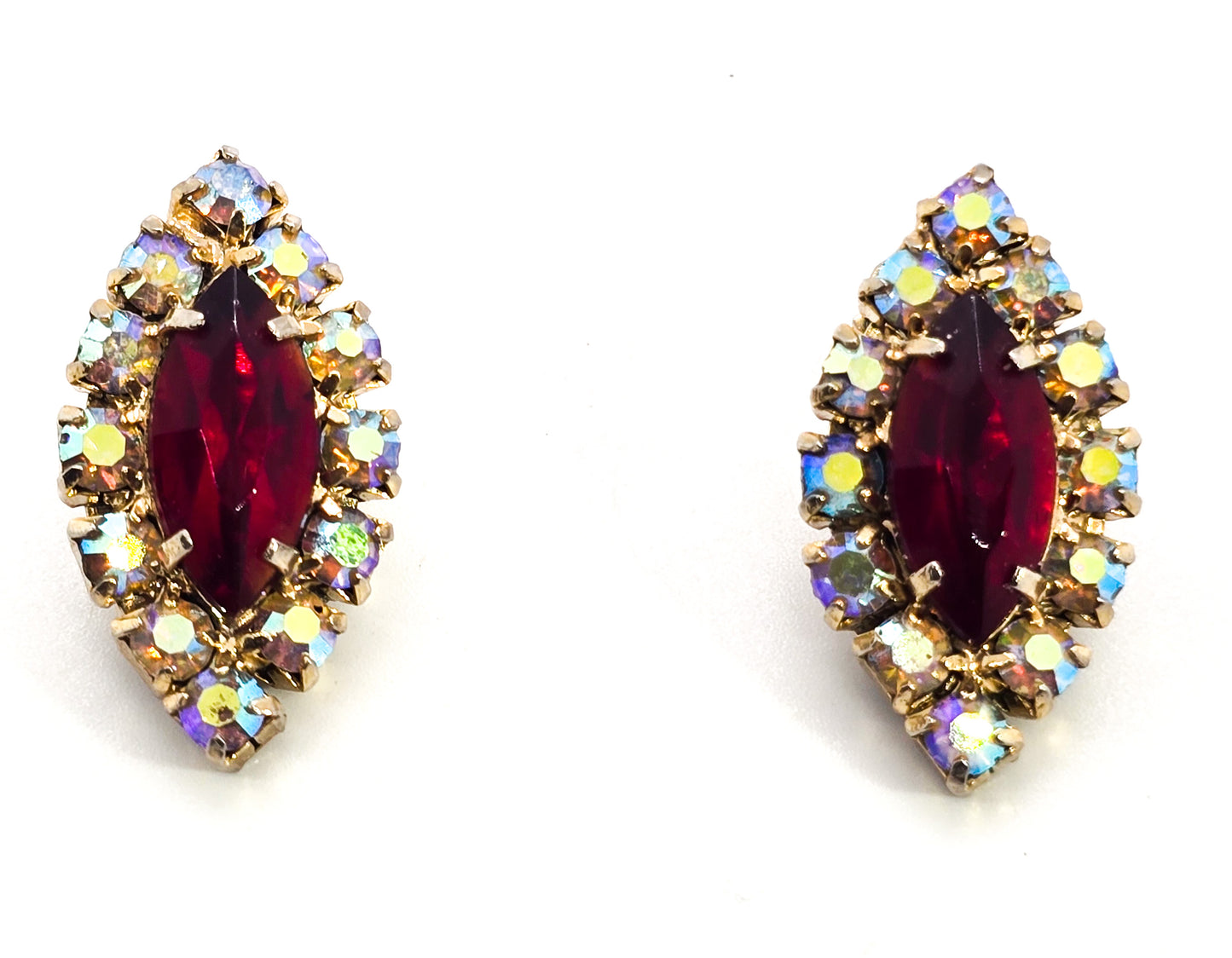 Red and Gold rainbow aurora borealis rhinestone mid century vintage clip on earrings