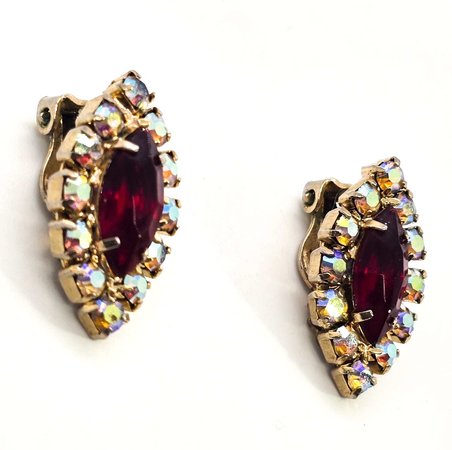 Red and Gold rainbow aurora borealis rhinestone mid century vintage clip on earrings