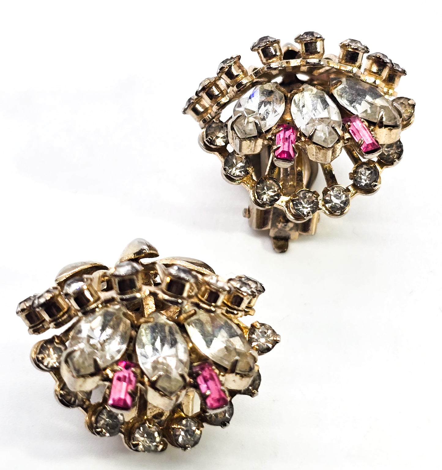 Pink & gold 3D large domed three layer vintage mid century rhinestone clip on earrings