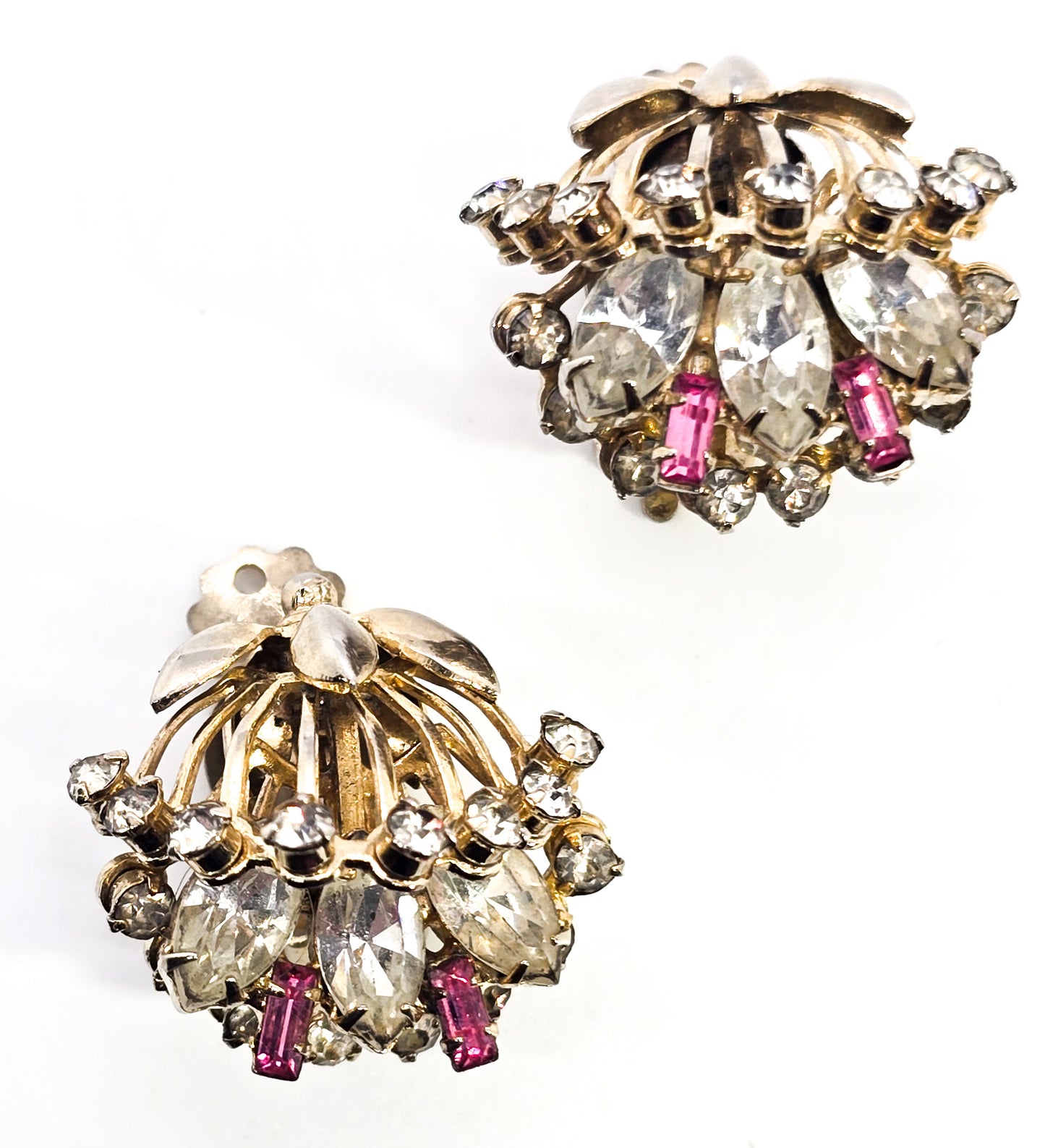 Pink & gold 3D large domed three layer vintage mid century rhinestone clip on earrings