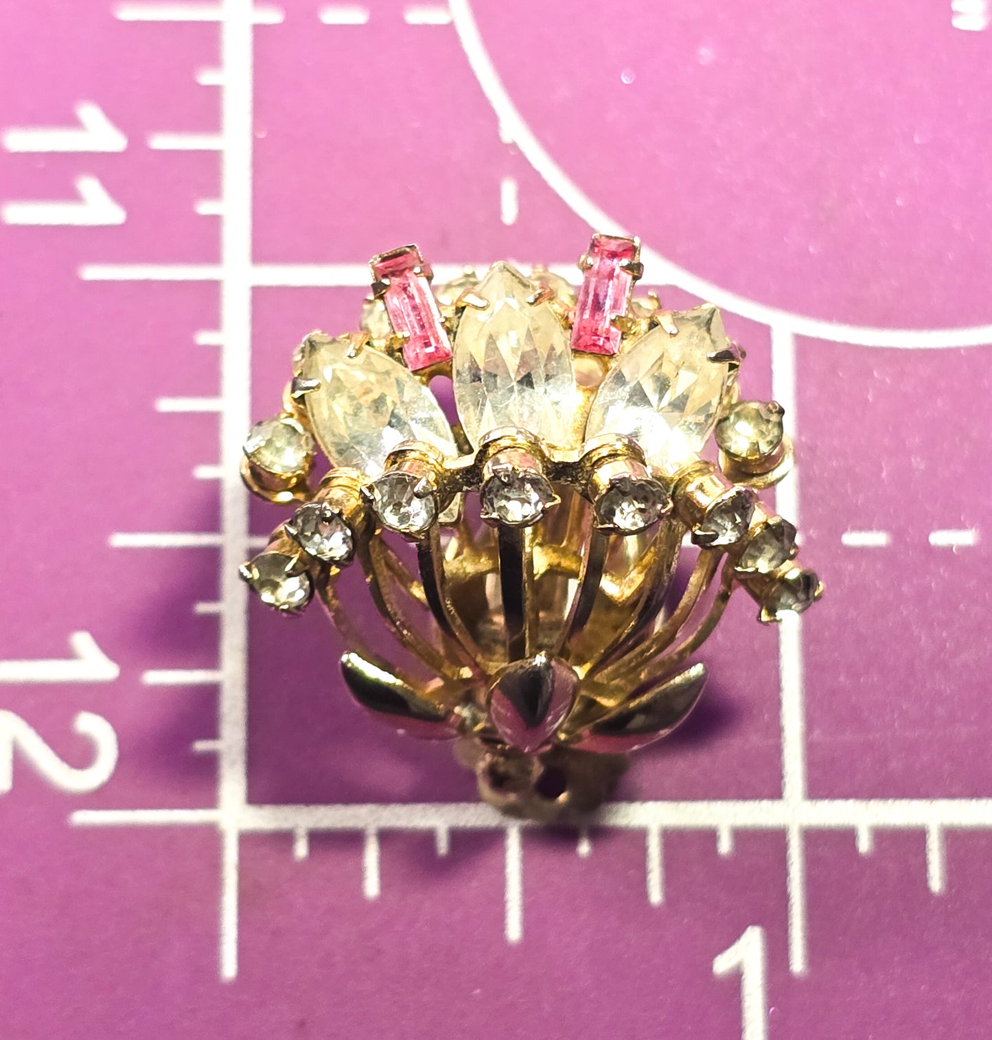 Pink & gold 3D large domed three layer vintage mid century rhinestone clip on earrings