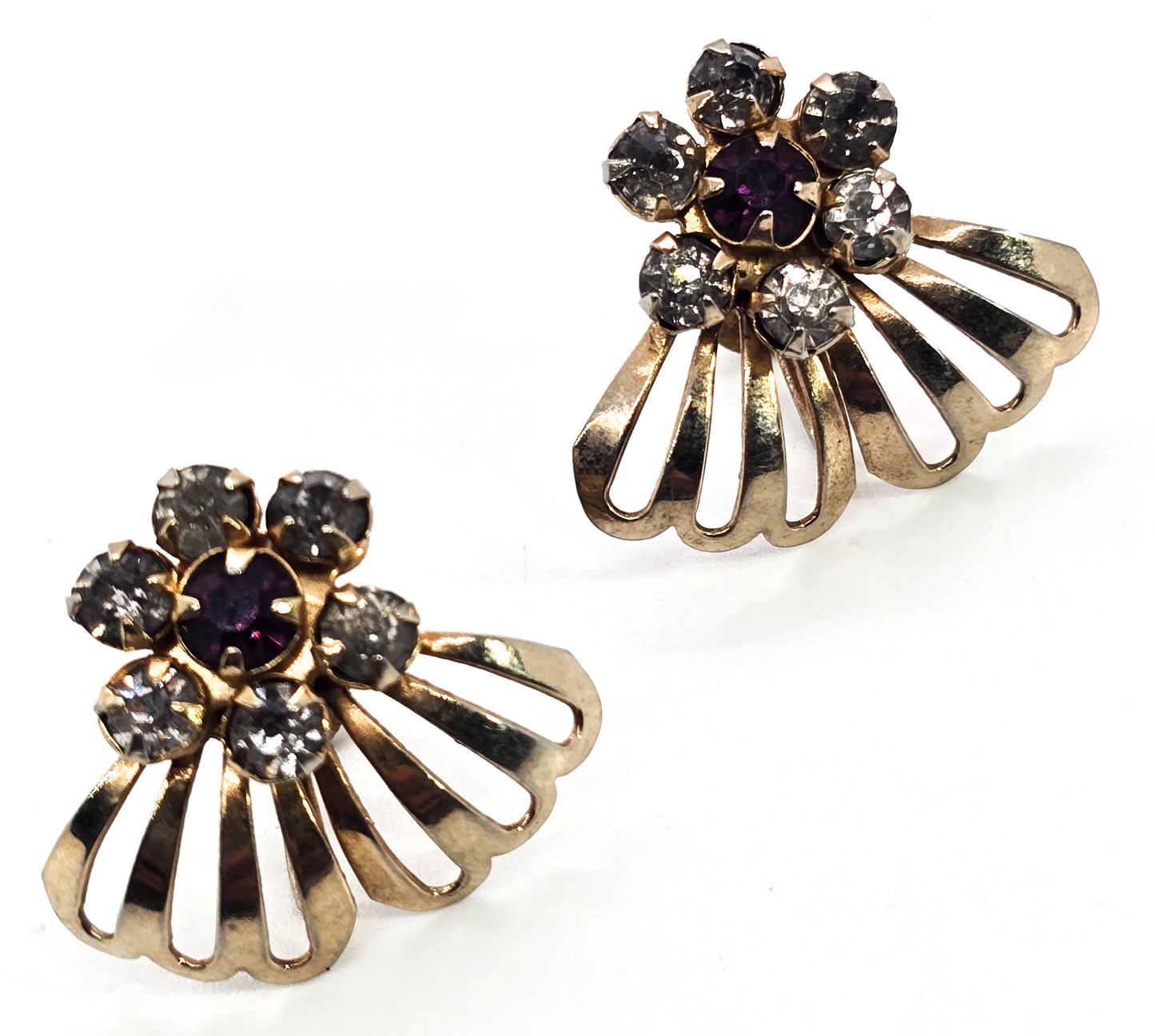 Purple rhinestone flower gold toned mid century modern fan vintage screw back earrings