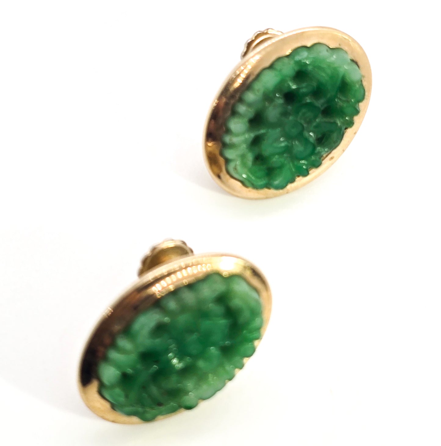 Pierced lotus Jade glass vintage mid century gold filled screw back earrings