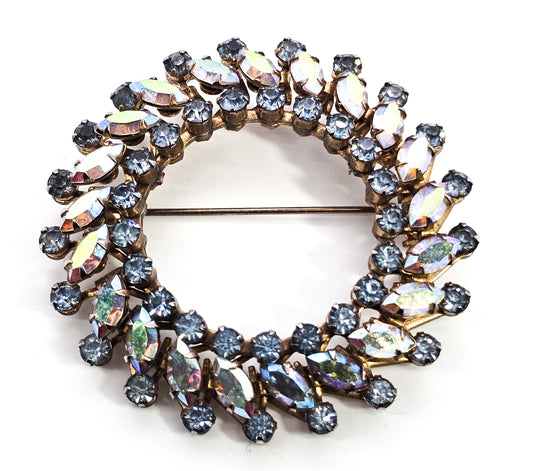 Aurora borealis marquis wreath baby blue vintage rhinestone mid century circle brooch